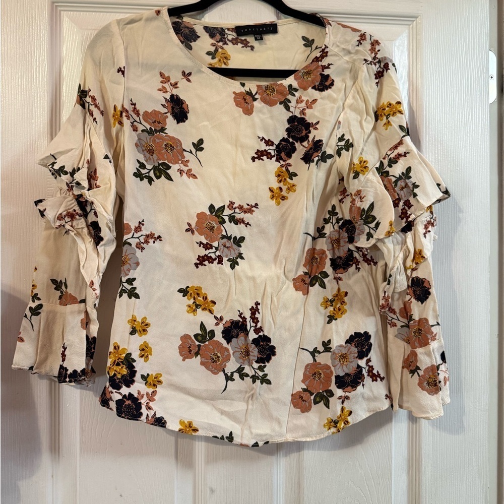 Sanctuary Floral Ruffle Sleeve Blouse - Cream and Multicolor